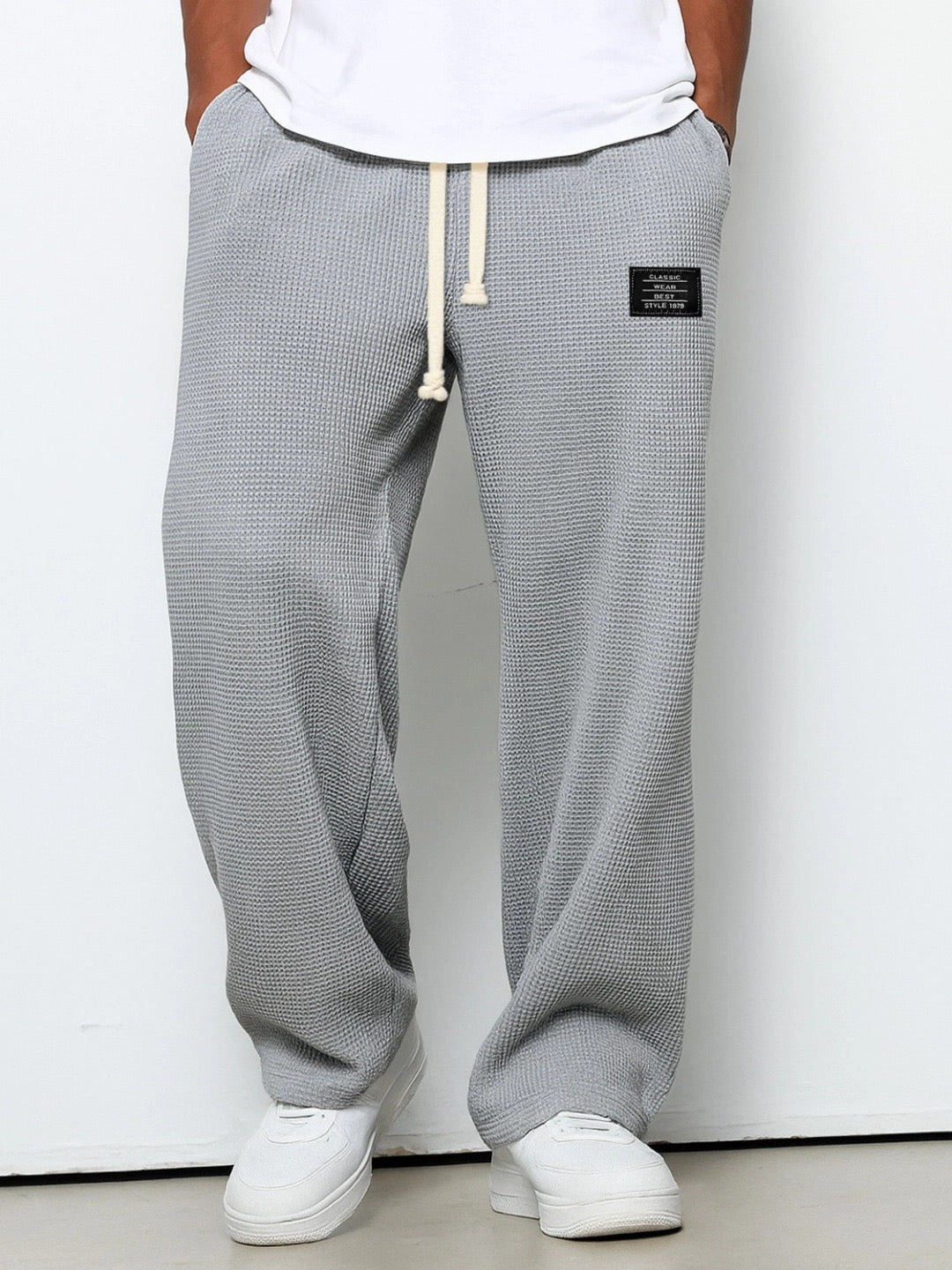 Men's Drawstring Waffle-Textured Full-Length Pants with Side Pockets and Wide Legs