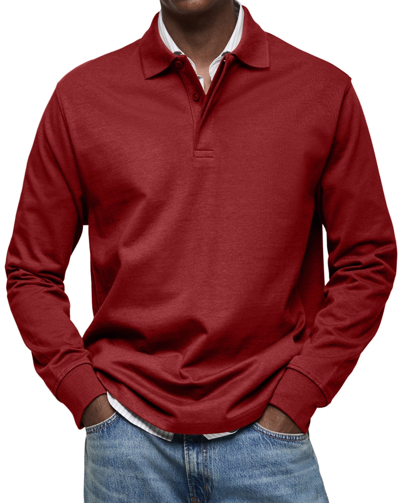 Men's Long-Sleeve Polo Shirt with Button Placket and Fold-Down Collar