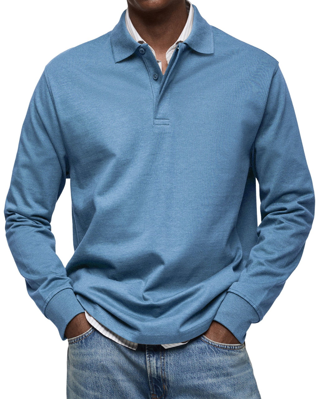 Men's Long-Sleeve Polo Shirt with Button Placket and Fold-Down Collar