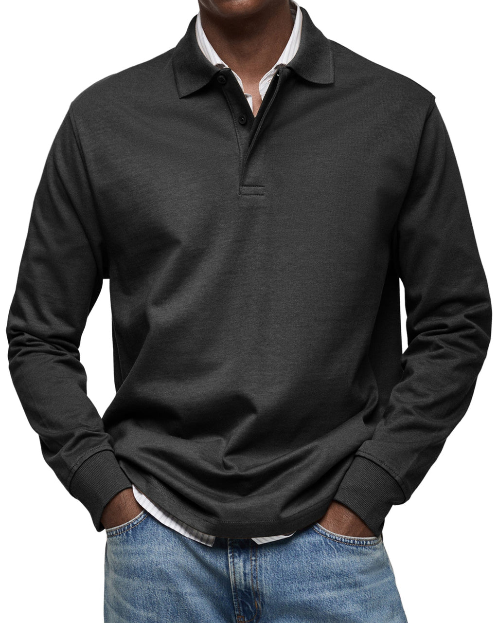 Men's Long-Sleeve Polo Shirt with Button Placket and Fold-Down Collar