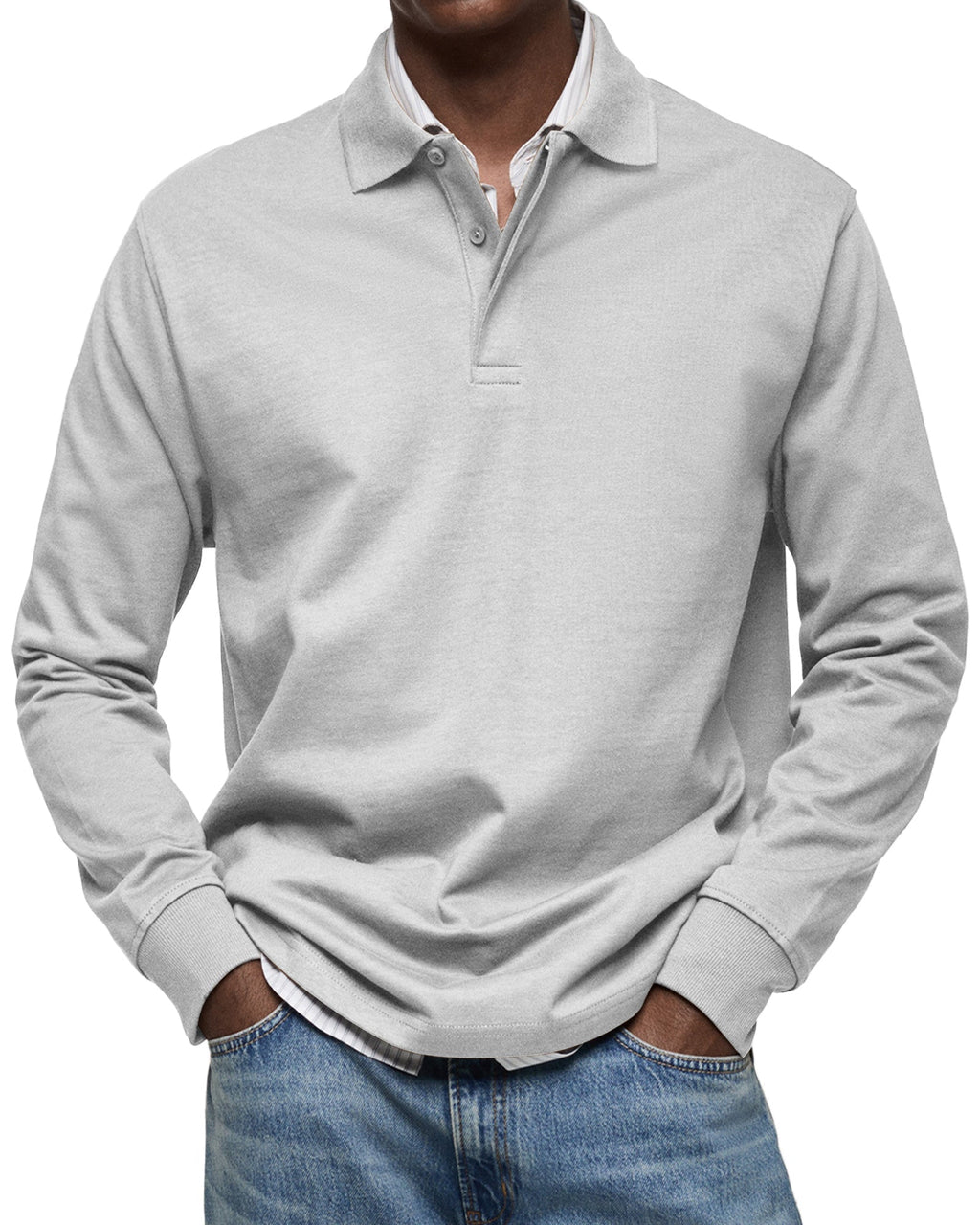 Men's Long-Sleeve Polo Shirt with Button Placket and Fold-Down Collar