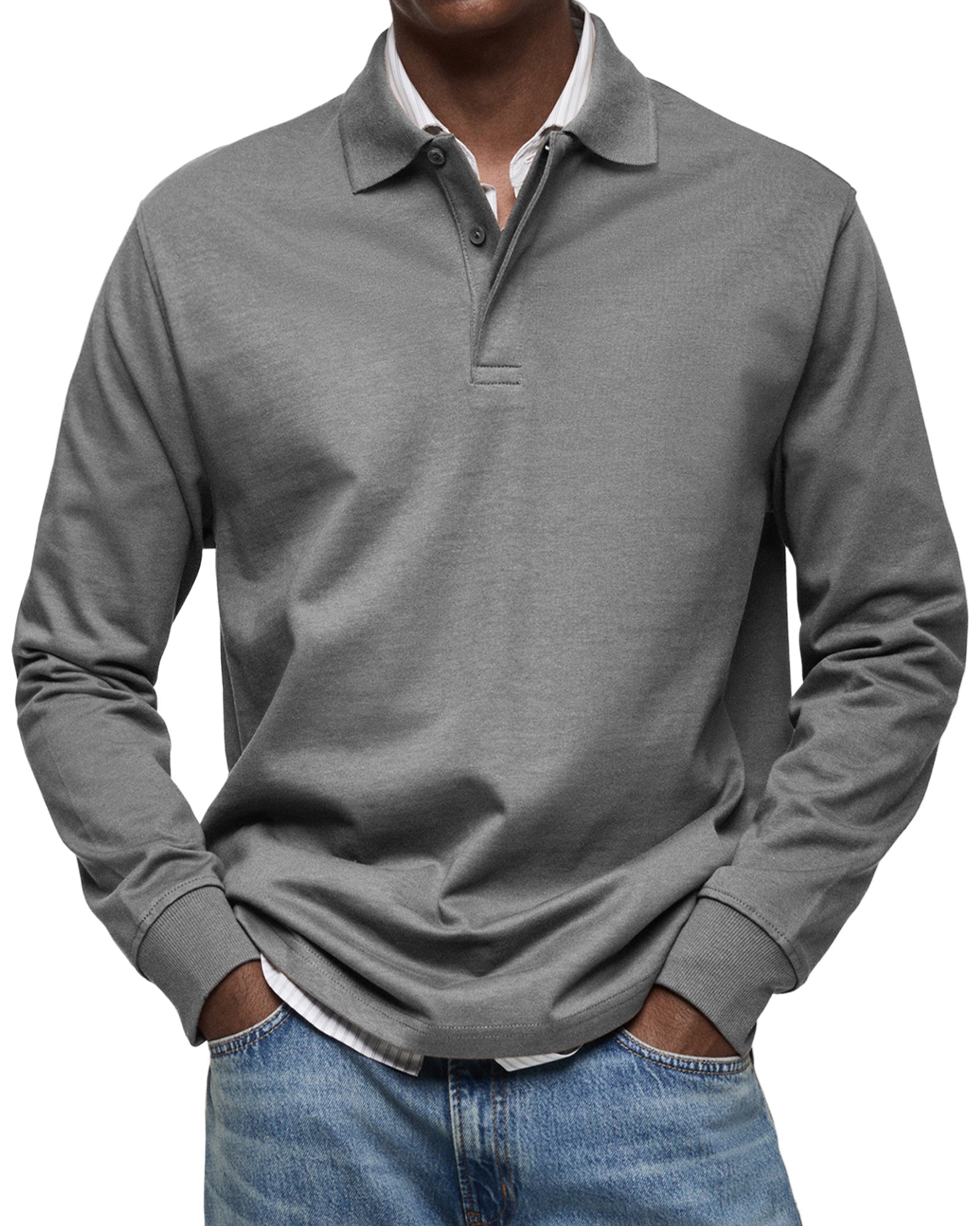 Men's Long-Sleeve Polo Shirt with Button Placket and Fold-Down Collar
