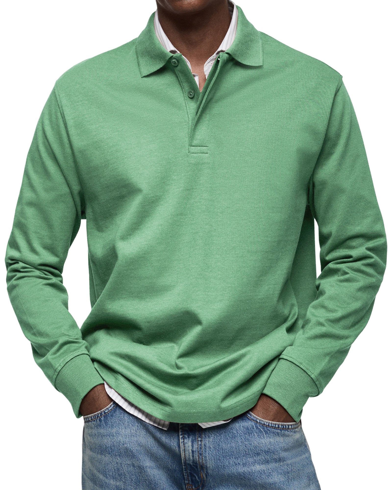 Men's Long-Sleeve Polo Shirt with Button Placket and Fold-Down Collar