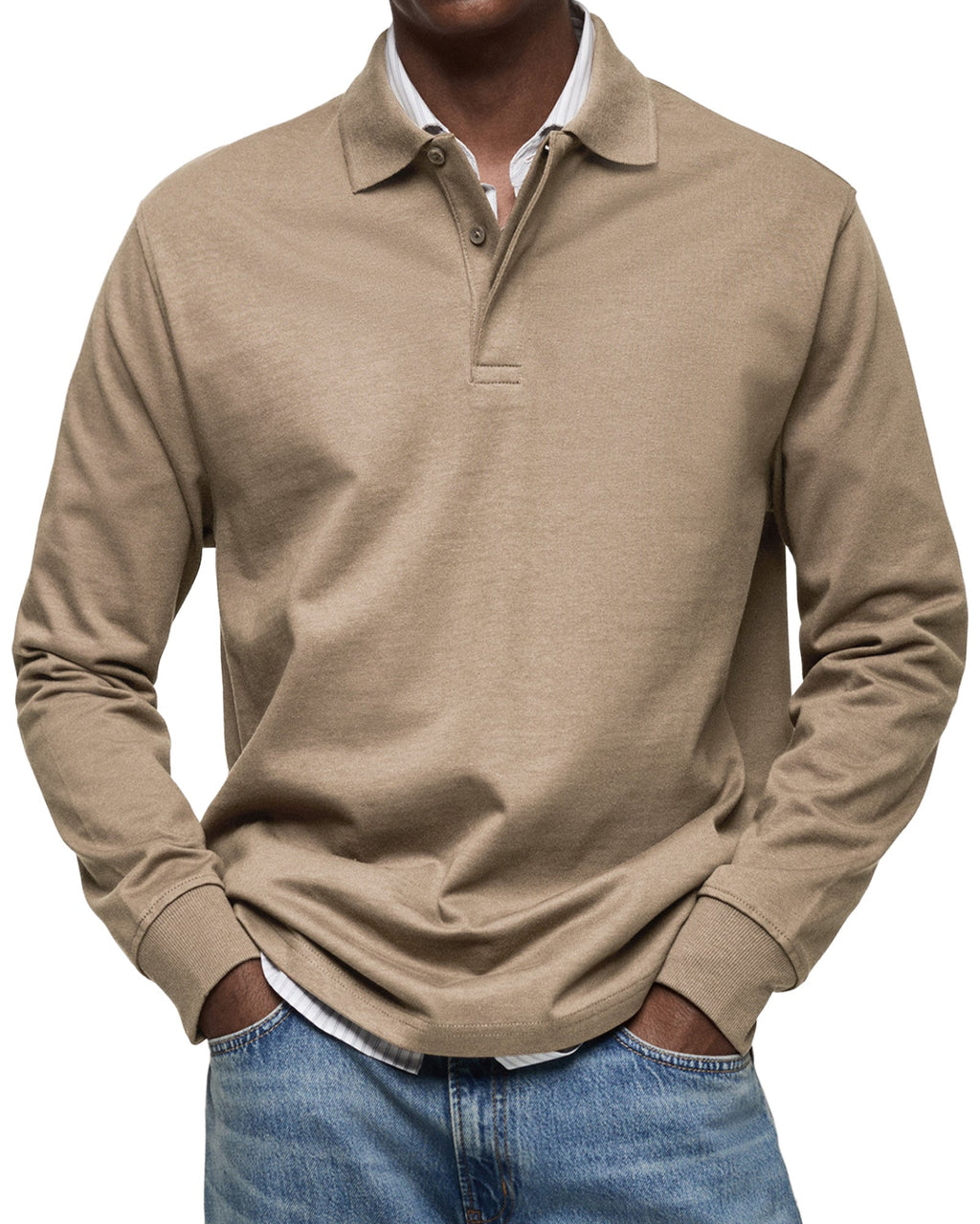 Men's Long-Sleeve Polo Shirt with Button Placket and Fold-Down Collar