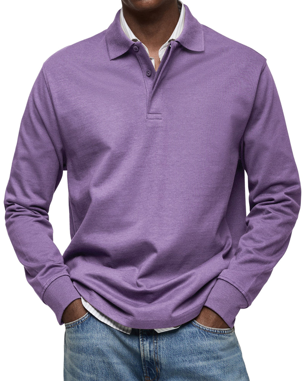 Men's Long-Sleeve Polo Shirt with Button Placket and Fold-Down Collar
