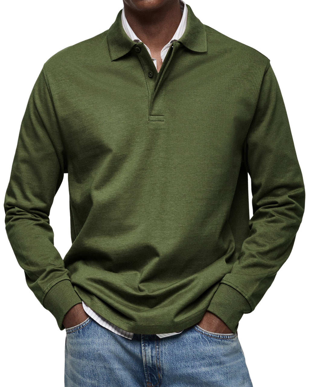 Men's Long-Sleeve Polo Shirt with Button Placket and Fold-Down Collar