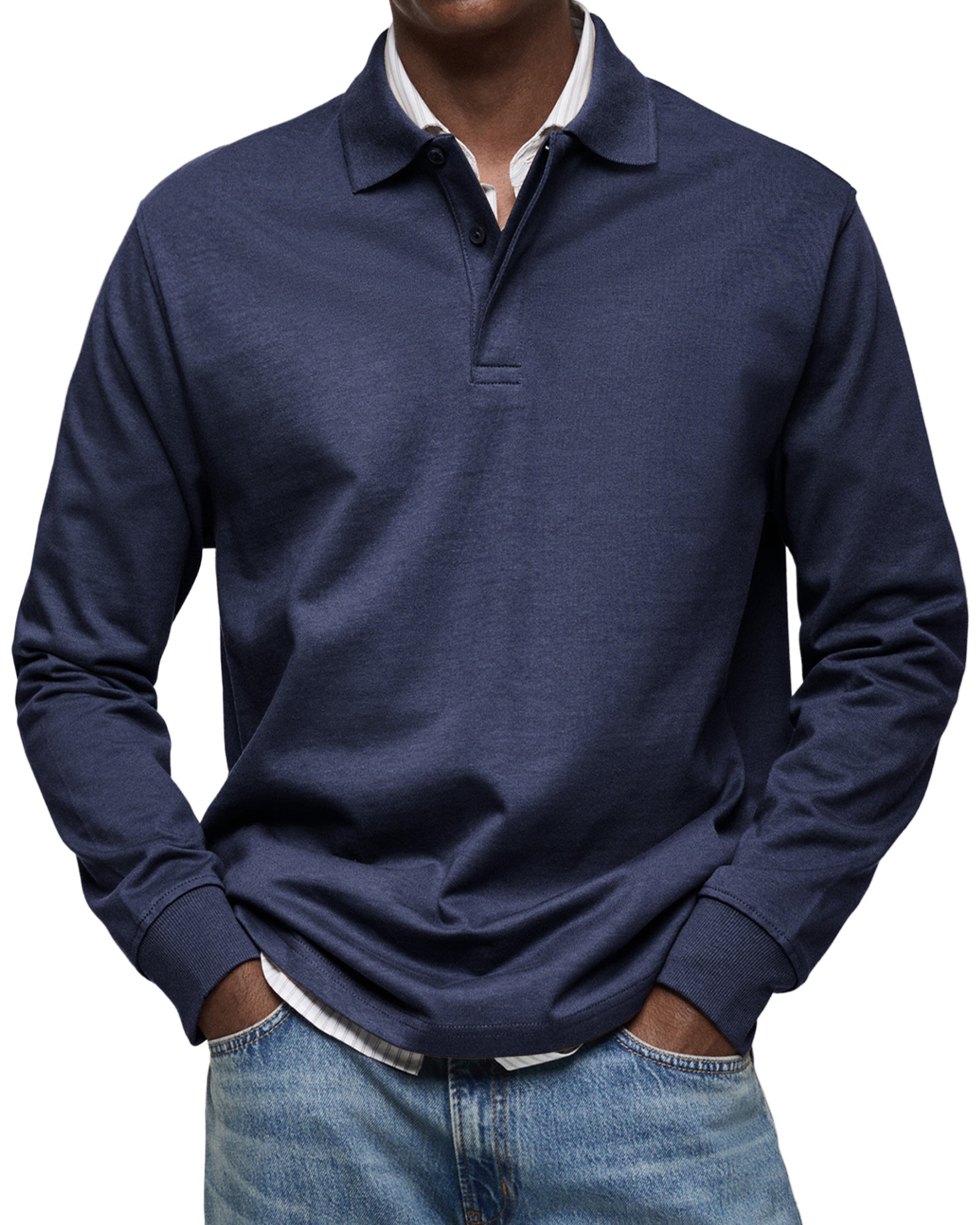 Men's Long-Sleeve Polo Shirt with Button Placket and Fold-Down Collar