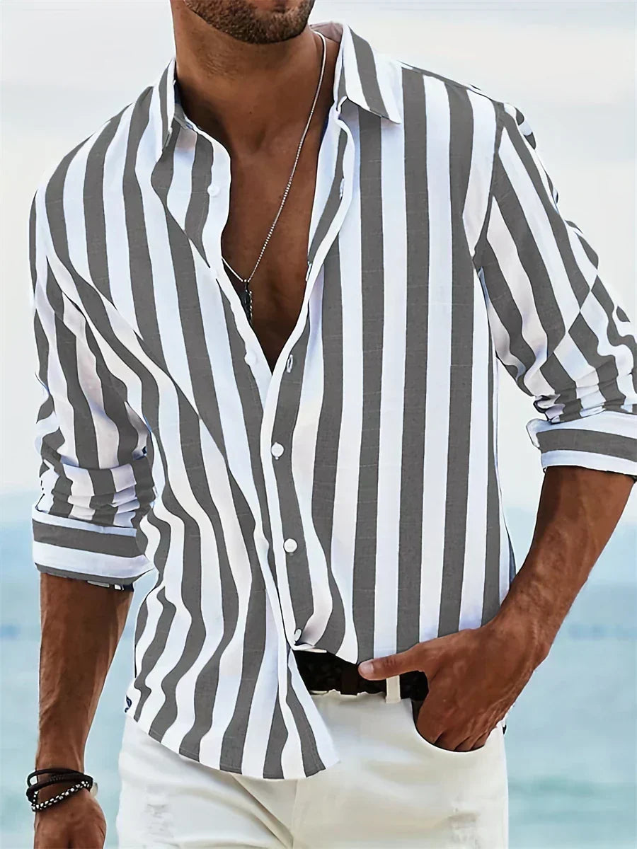 Men's Vertical Striped Long Sleeve Shirt with Button-Front Closure and Spread Collar