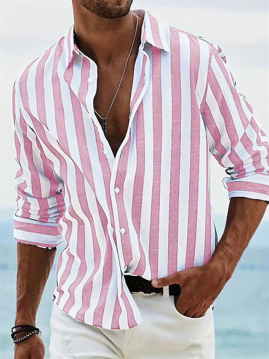 Men's Vertical Striped Long Sleeve Shirt with Button-Front Closure and Spread Collar