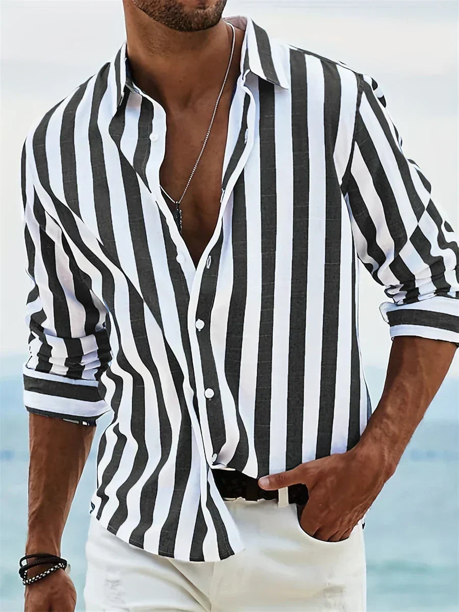 Men's Vertical Striped Long Sleeve Shirt with Button-Front Closure and Spread Collar