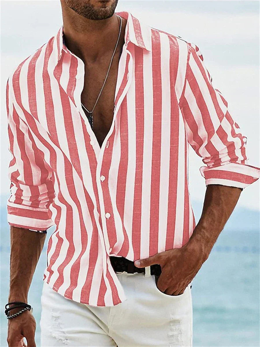 Men's Vertical Striped Long Sleeve Shirt with Button-Front Closure and Spread Collar