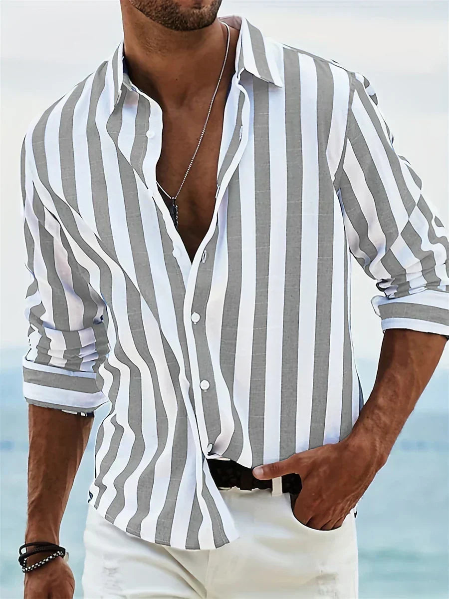 Men's Vertical Striped Long Sleeve Shirt with Button-Front Closure and Spread Collar