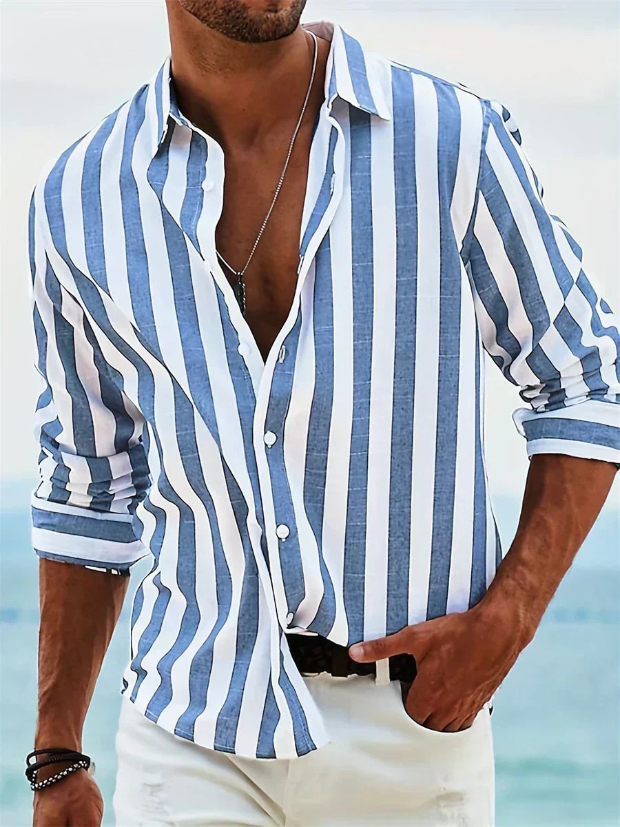 Men's Vertical Striped Long Sleeve Shirt with Button-Front Closure and Spread Collar
