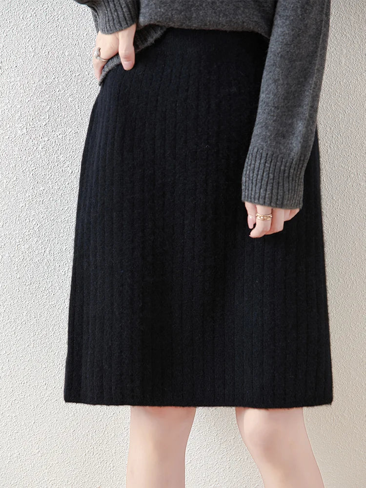 Merino Wool Midi Skirt for Women - Soft, Warm, Versatile Knit Skirt for Casual or Office Wear