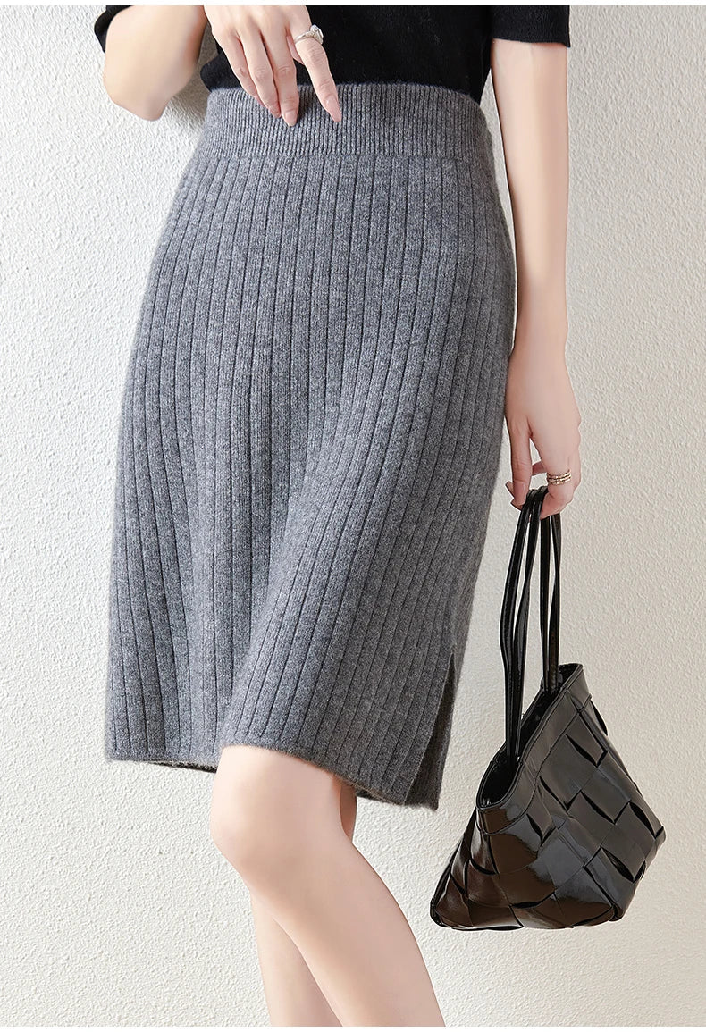Merino Wool Midi Skirt for Women - Soft, Warm, Versatile Knit Skirt for Casual or Office Wear