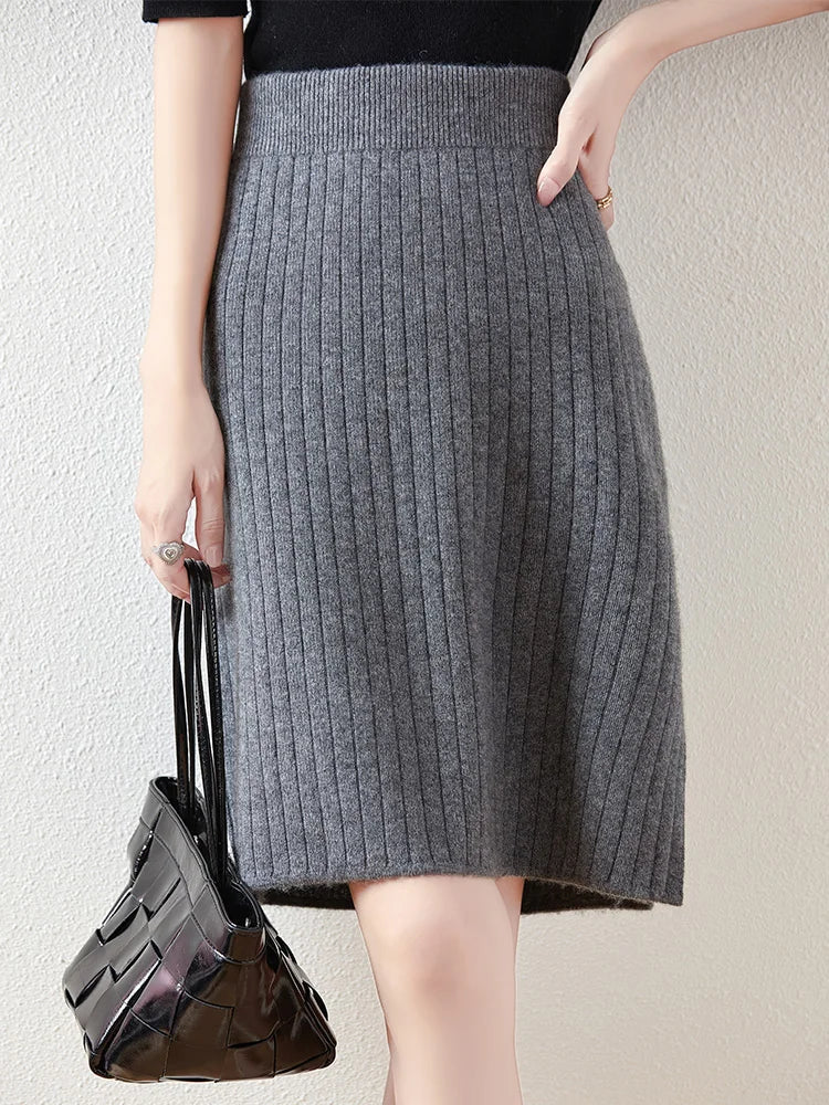 Merino Wool Midi Skirt for Women - Soft, Warm, Versatile Knit Skirt for Casual or Office Wear