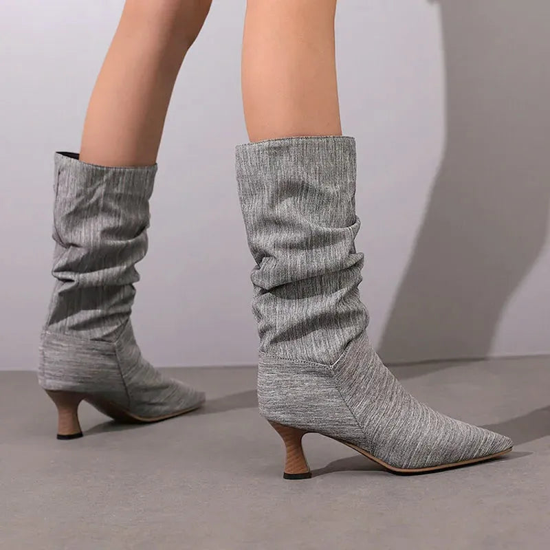 Mid-Calf Heel Boots for Women - Chic Design in Soft Faux Leather - Stylish Footwear for Casual and Dressy Occasions