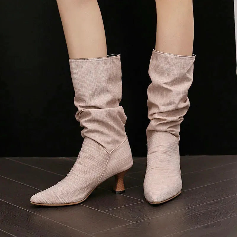 Mid-Calf Heel Boots for Women - Chic Design in Soft Faux Leather - Stylish Footwear for Casual and Dressy Occasions
