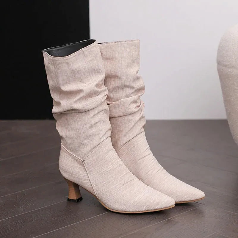 Mid-Calf Heel Boots for Women - Chic Design in Soft Faux Leather - Stylish Footwear for Casual and Dressy Occasions