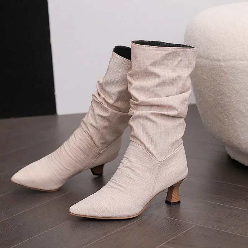 Mid-Calf Heel Boots for Women - Chic Design in Soft Faux Leather - Stylish Footwear for Casual and Dressy Occasions