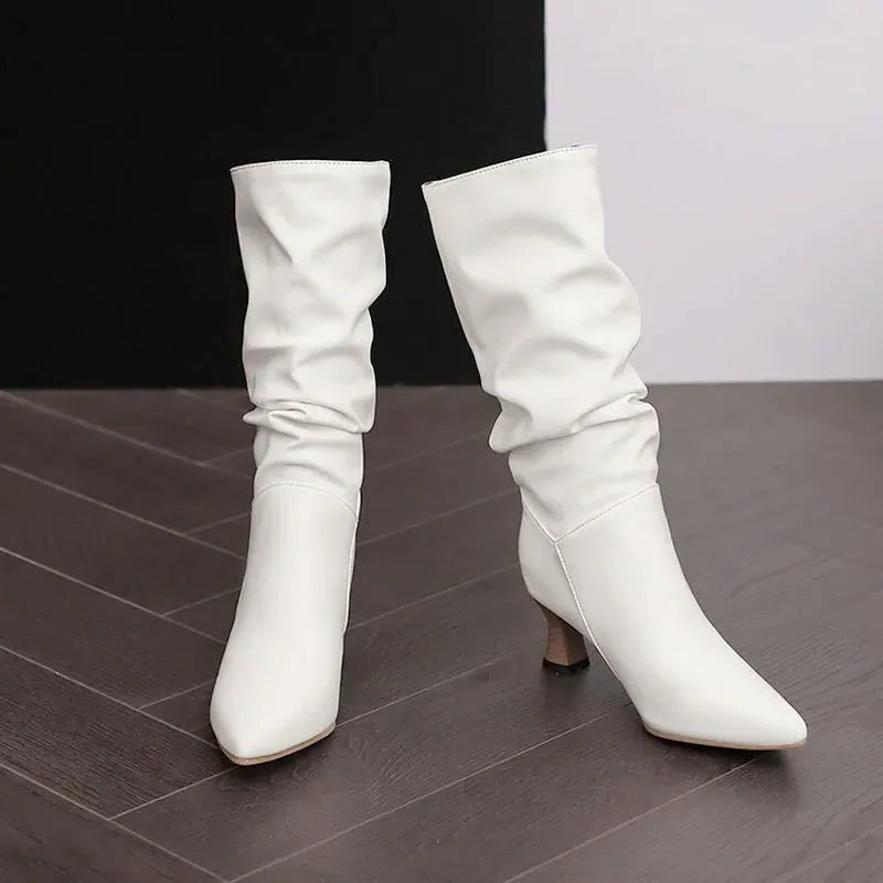 Mid-Calf Heel Boots for Women - Chic Design in Soft Faux Leather - Stylish Footwear for Casual and Dressy Occasions