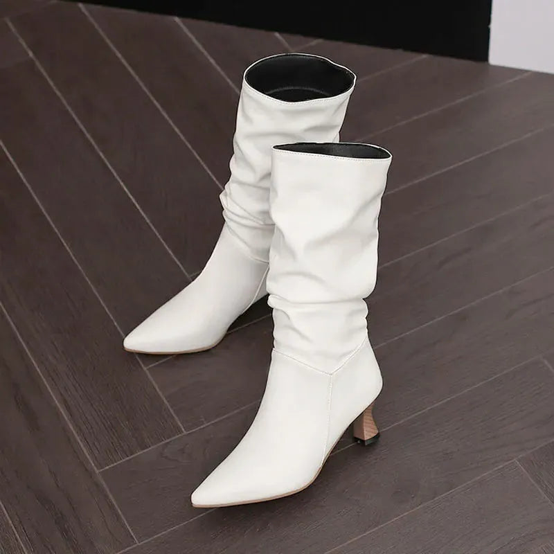 Mid-Calf Heel Boots for Women - Chic Design in Soft Faux Leather - Stylish Footwear for Casual and Dressy Occasions
