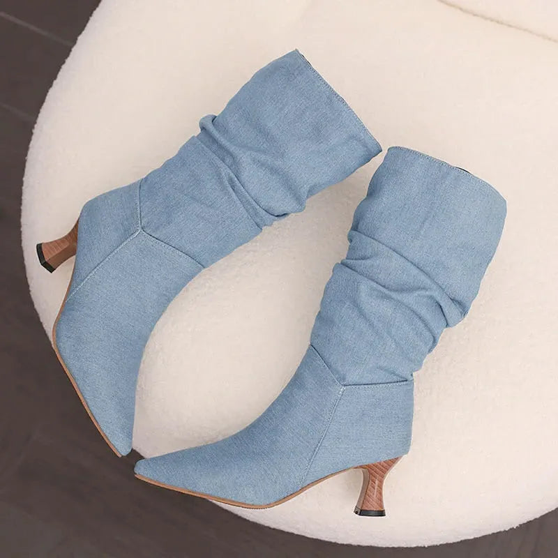 Mid-Calf Heel Boots for Women - Chic Design in Soft Faux Leather - Stylish Footwear for Casual and Dressy Occasions