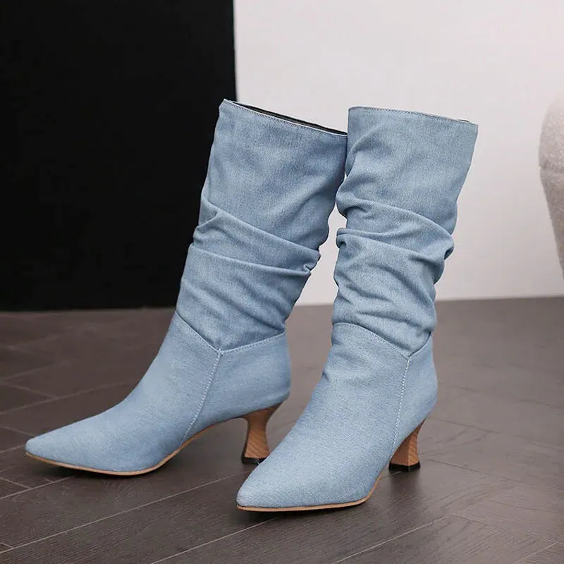 Mid-Calf Heel Boots for Women - Chic Design in Soft Faux Leather - Stylish Footwear for Casual and Dressy Occasions