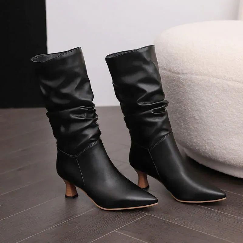 Mid-Calf Heel Boots for Women - Chic Design in Soft Faux Leather - Stylish Footwear for Casual and Dressy Occasions