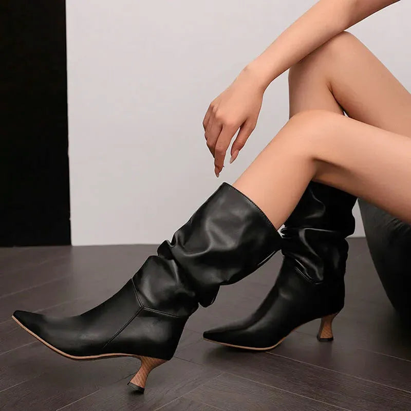 Mid-Calf Heel Boots for Women - Chic Design in Soft Faux Leather - Stylish Footwear for Casual and Dressy Occasions