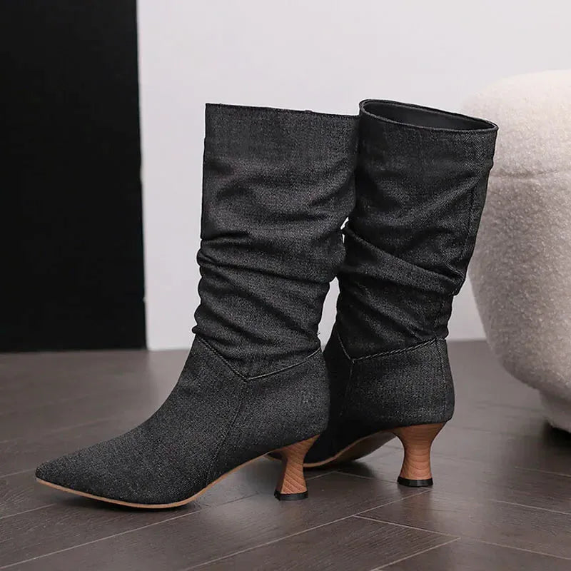 Mid-Calf Heel Boots for Women - Chic Design in Soft Faux Leather - Stylish Footwear for Casual and Dressy Occasions