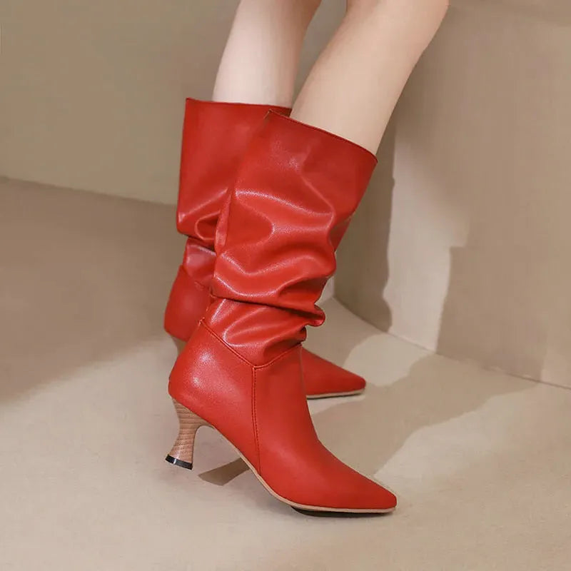 Mid-Calf Heel Boots for Women - Chic Design in Soft Faux Leather - Stylish Footwear for Casual and Dressy Occasions