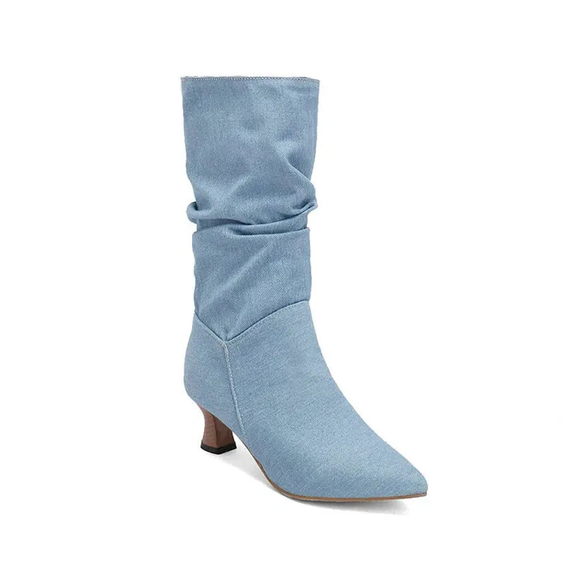 Mid-Calf Heel Boots for Women - Chic Design in Soft Faux Leather - Stylish Footwear for Casual and Dressy Occasions