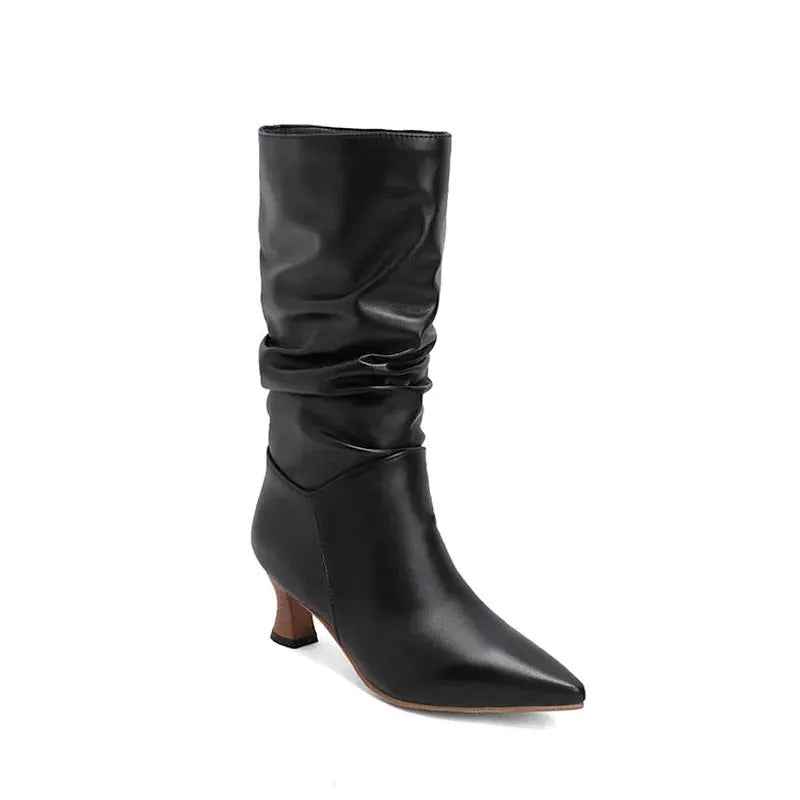 Mid-Calf Heel Boots for Women - Chic Design in Soft Faux Leather - Stylish Footwear for Casual and Dressy Occasions