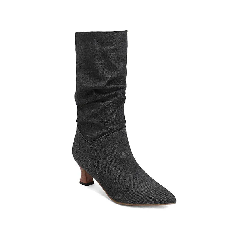 Mid-Calf Heel Boots for Women - Chic Design in Soft Faux Leather - Stylish Footwear for Casual and Dressy Occasions