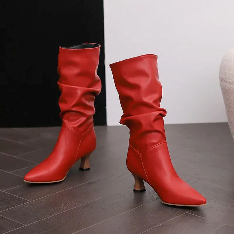 Mid-Calf Heel Boots for Women - Chic Design in Soft Faux Leather - Stylish Footwear for Casual and Dressy Occasions