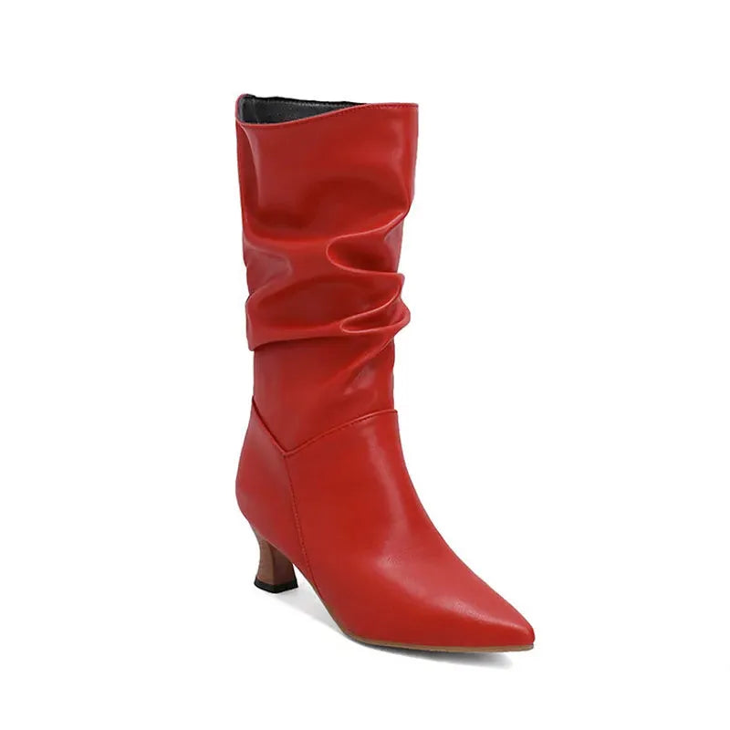 Mid-Calf Heel Boots for Women - Chic Design in Soft Faux Leather - Stylish Footwear for Casual and Dressy Occasions