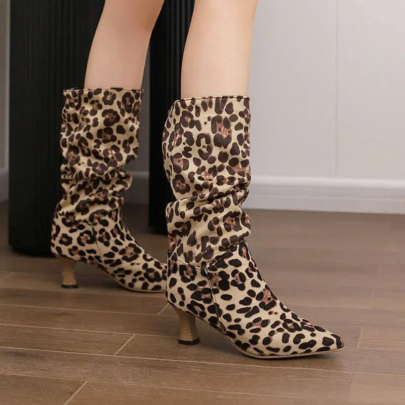 Mid-Calf Heel Boots for Women - Chic Design in Soft Faux Leather - Stylish Footwear for Casual and Dressy Occasions