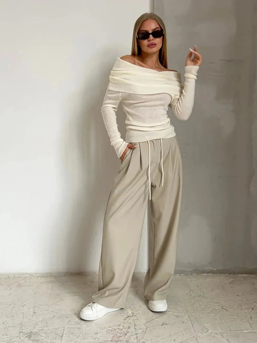 Off-Shoulder Knit Top for Women - Soft Fabric, Casual Style, Perfect for Everyday Wear and Outings