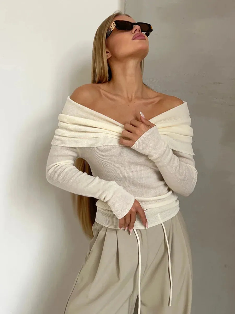 Off-Shoulder Knit Top for Women - Soft Fabric, Casual Style, Perfect for Everyday Wear and Outings