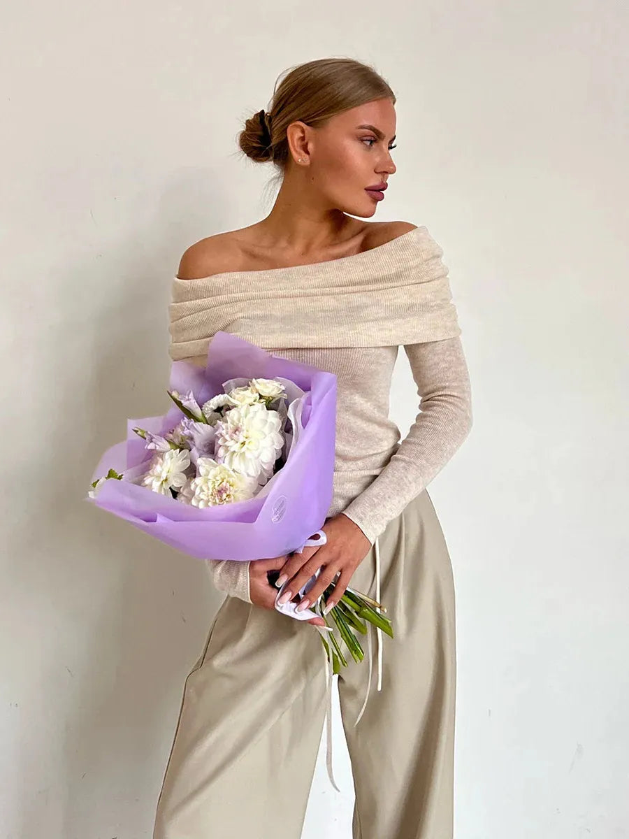 Off-Shoulder Knit Top for Women - Soft Fabric, Casual Style, Perfect for Everyday Wear and Outings