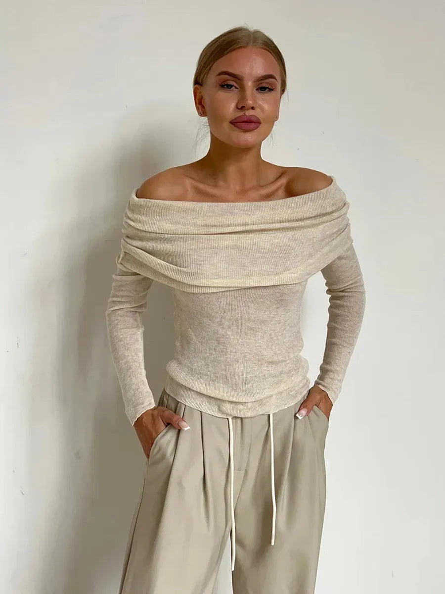 Off-Shoulder Knit Top for Women - Soft Fabric, Casual Style, Perfect for Everyday Wear and Outings
