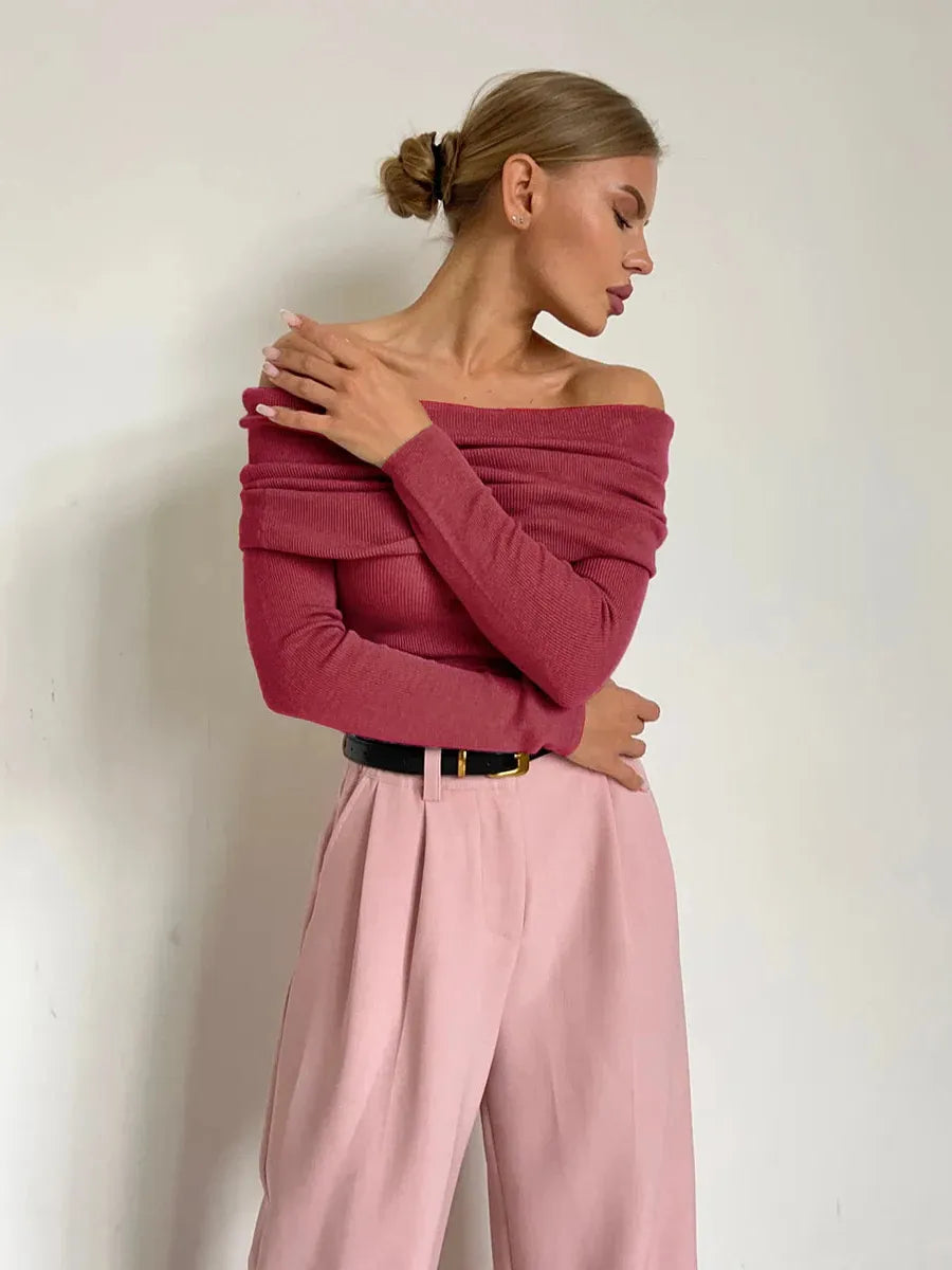 Off-Shoulder Knit Top for Women - Soft Fabric, Casual Style, Perfect for Everyday Wear and Outings