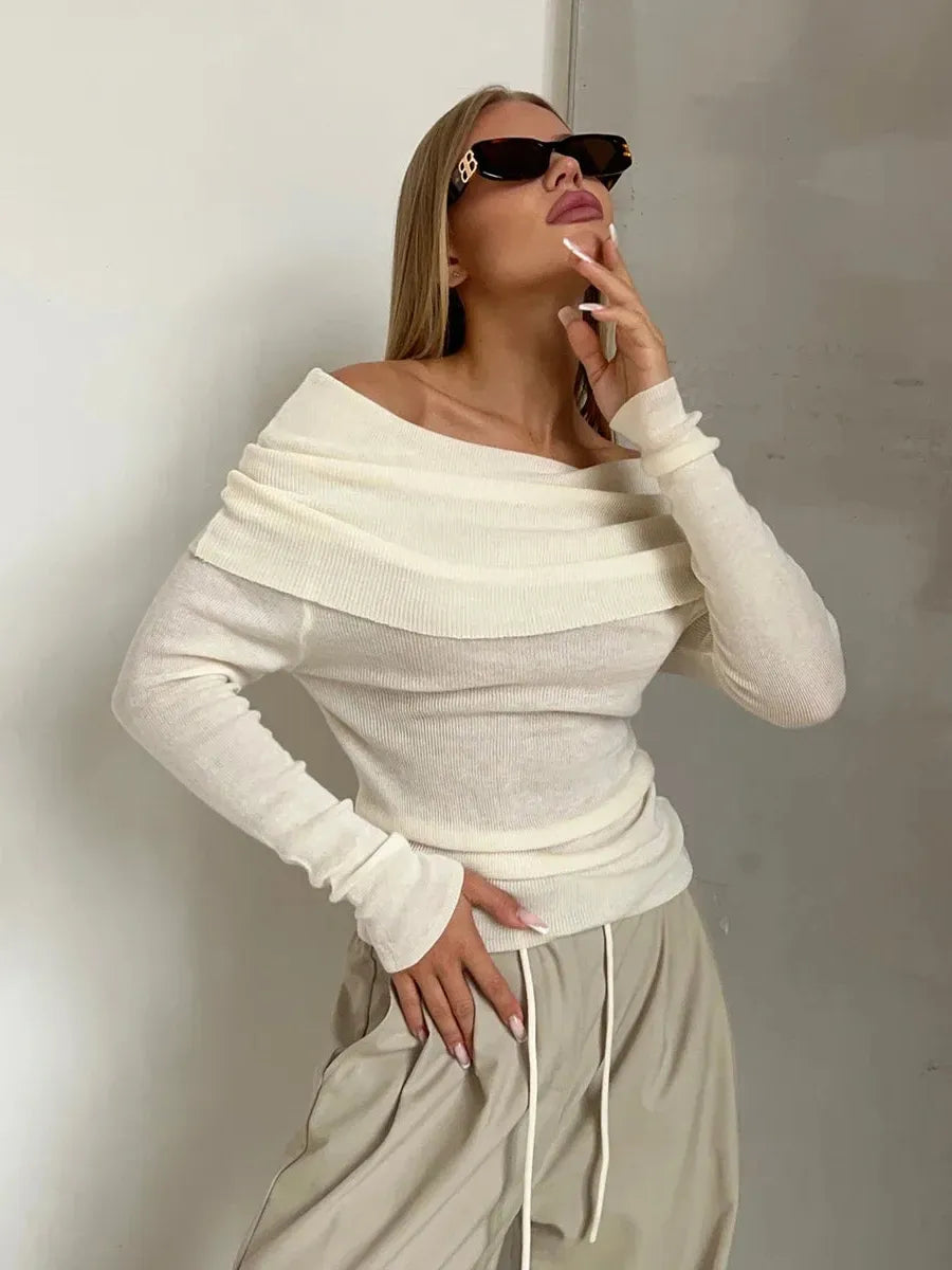 Off-Shoulder Knit Top for Women - Soft Fabric, Casual Style, Perfect for Everyday Wear and Outings
