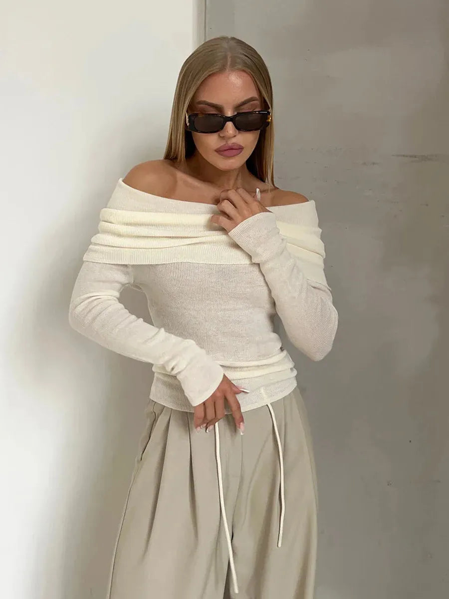 Off-Shoulder Knit Top for Women - Soft Fabric, Casual Style, Perfect for Everyday Wear and Outings