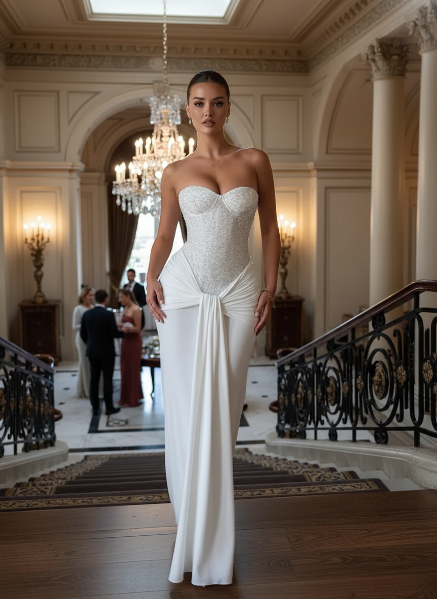 Off-Shoulder Strapless Evening Gown in Radiant Fabric for Formal Events and Special Occasions