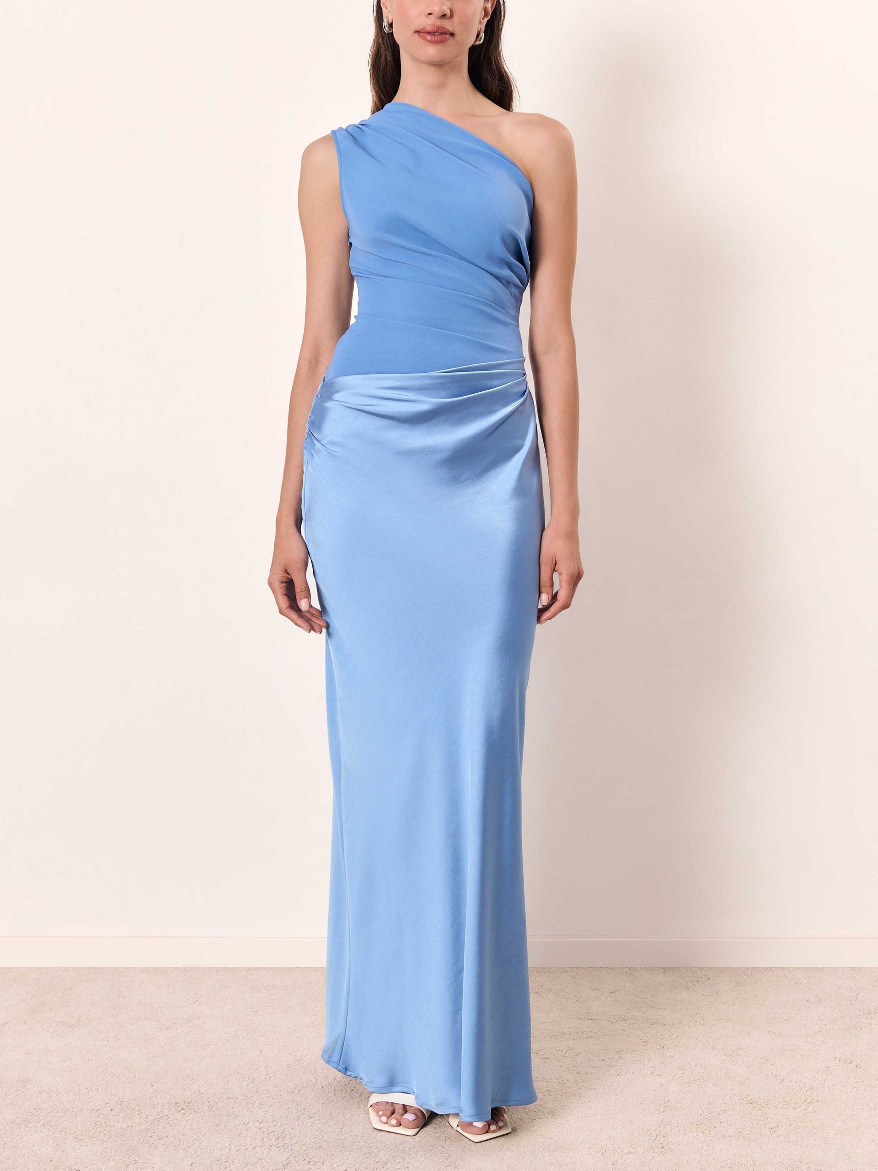 One-Shoulder Maxi Dress for Women - Pleated Waist, Satin Finish Skirt, Contrast Bodice - Evening Wear, Formal Dress