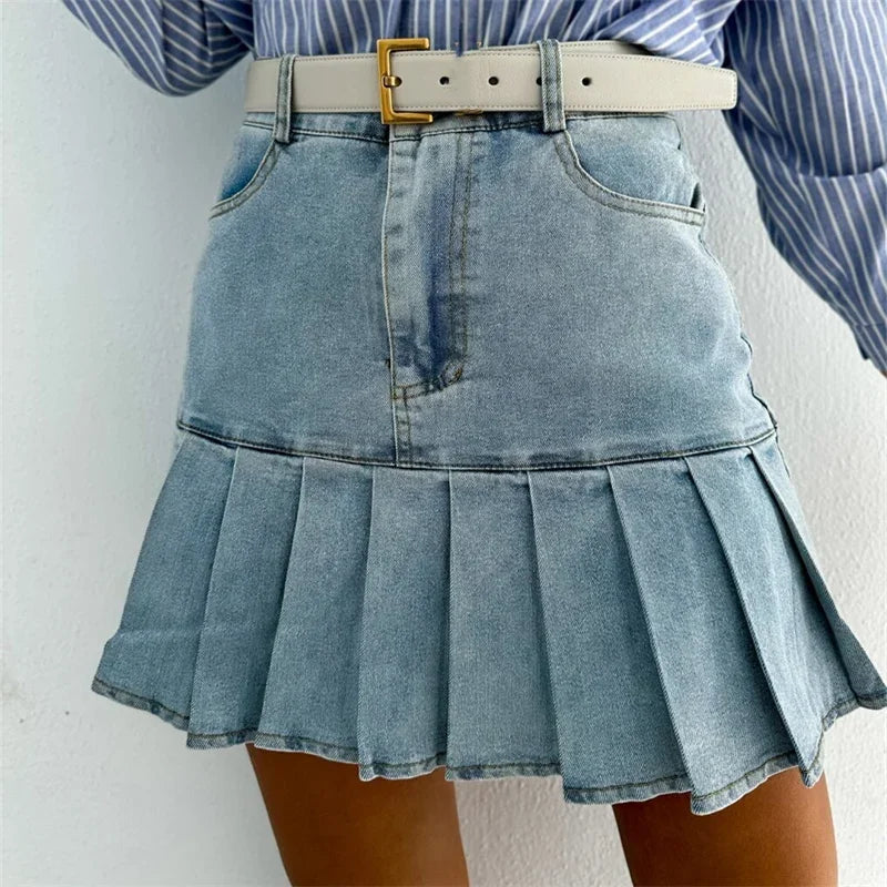 Pleated Denim Skirt in Cotton - Casual Everyday Wear for Women
