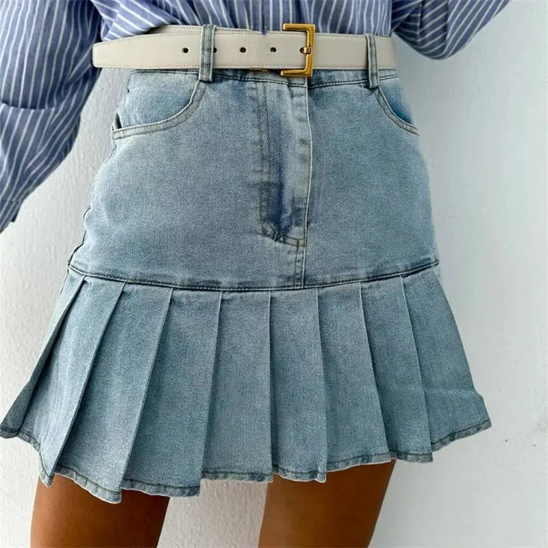 Pleated Denim Skirt in Cotton - Casual Everyday Wear for Women