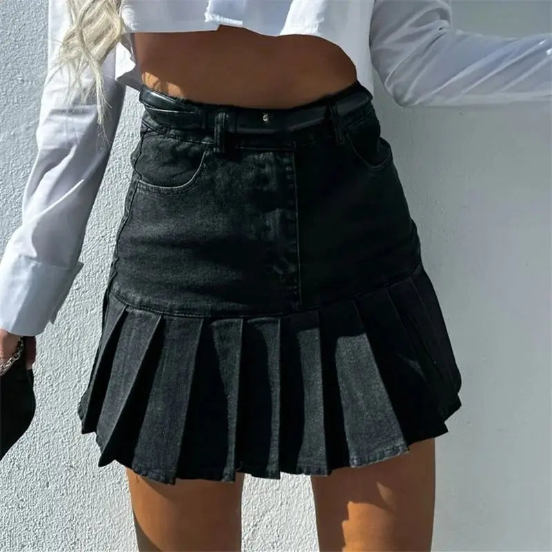 Pleated Denim Skirt in Cotton - Casual Everyday Wear for Women